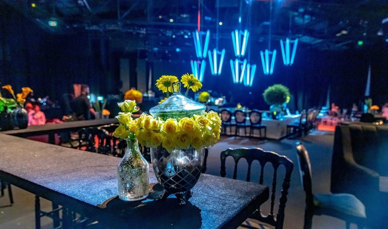 A seating detail on a blue floor, light falling across the upholstery.